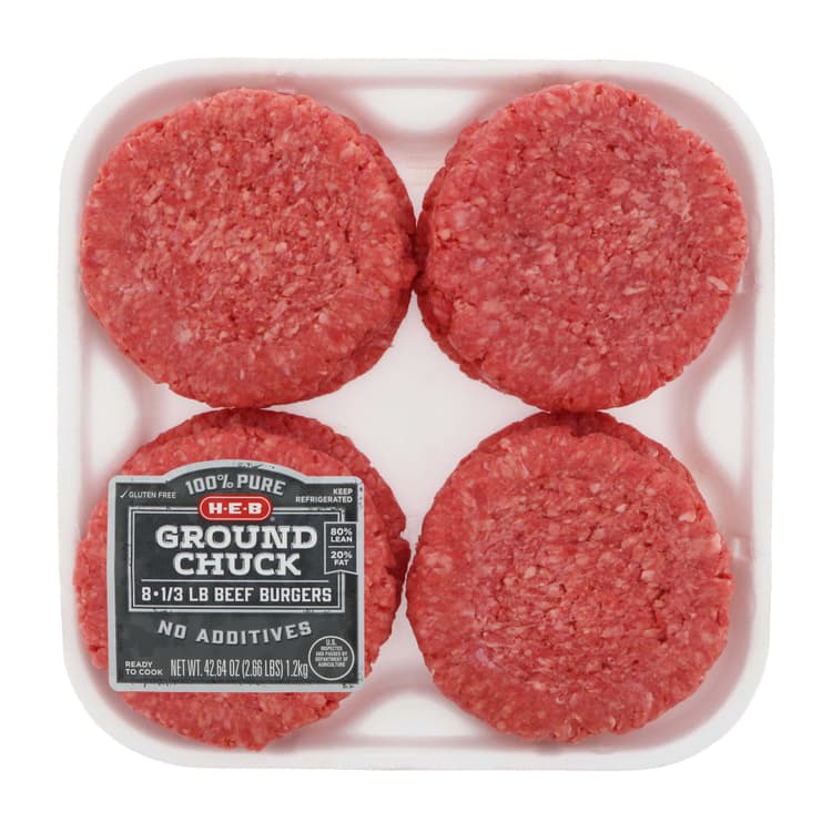H-E-B Ground Beef Chuck B Burger Patties, 80% Lean - Value