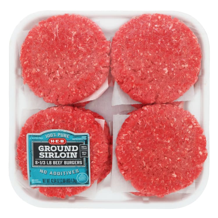 H-E-B Ground Beef Sirloin B Burger Patties, 90% Lean - Value
