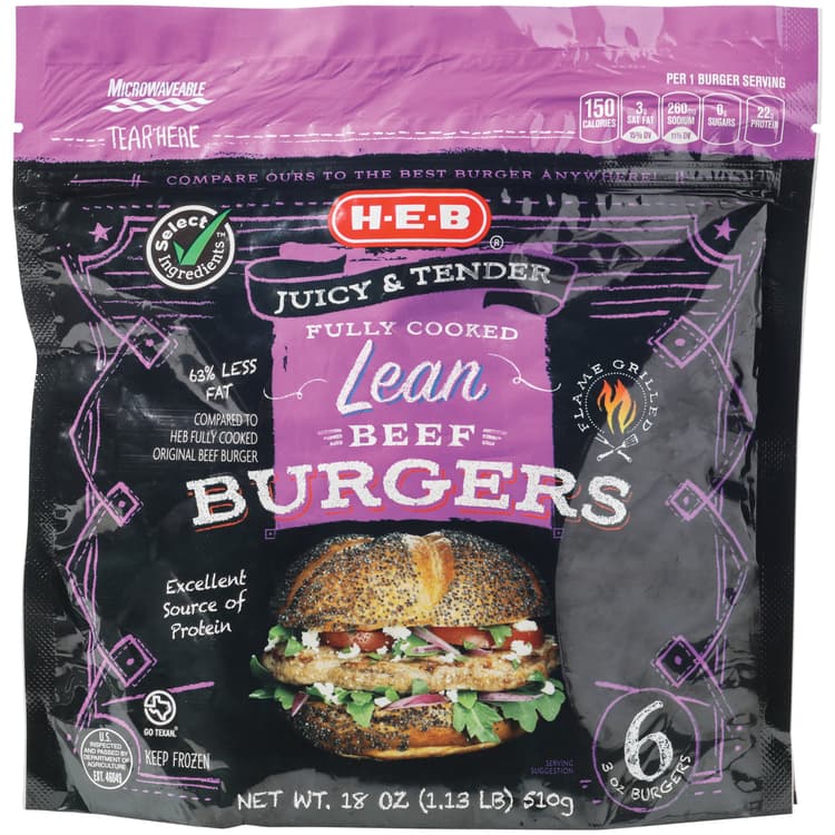 H-E-B Fully Cooked  Lean Beef Burgers