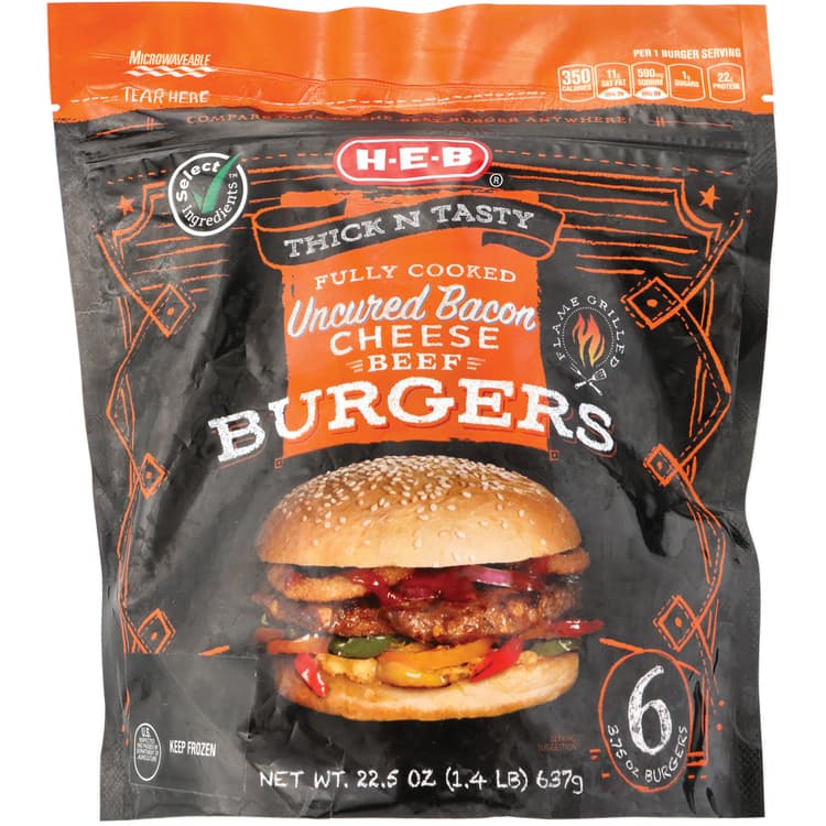 H-E-B Fully Cooked  Uncured Bacon Cheese Beef Burgers