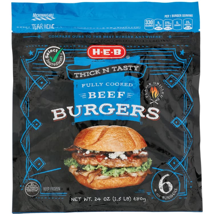 H-E-B Fully Cooked  Beef Burgers