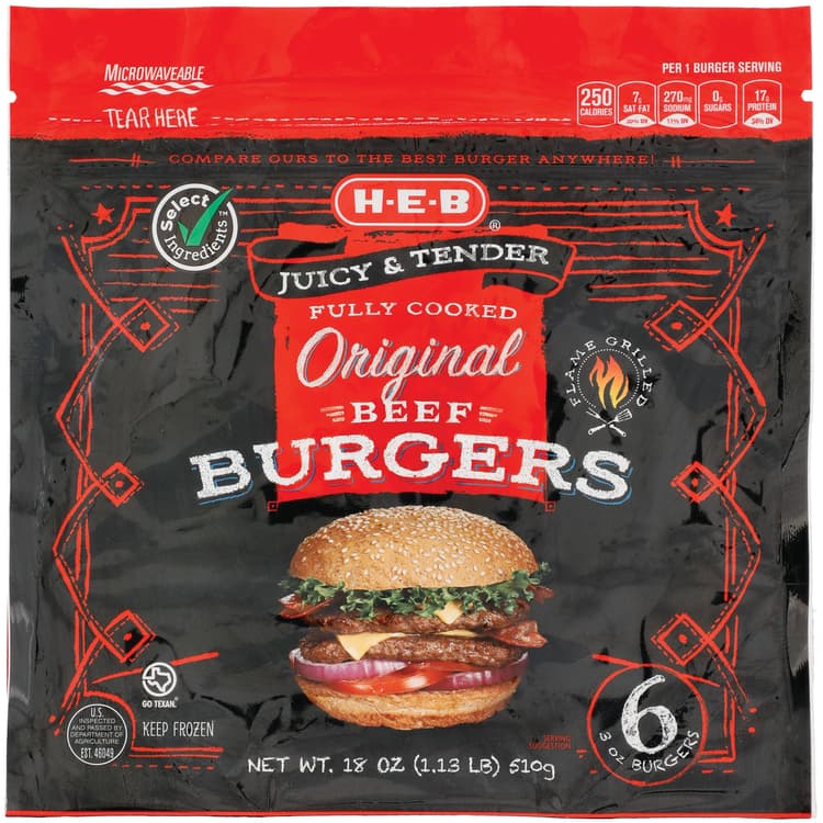 H-E-B Fully Cooked  Original Beef Burgers