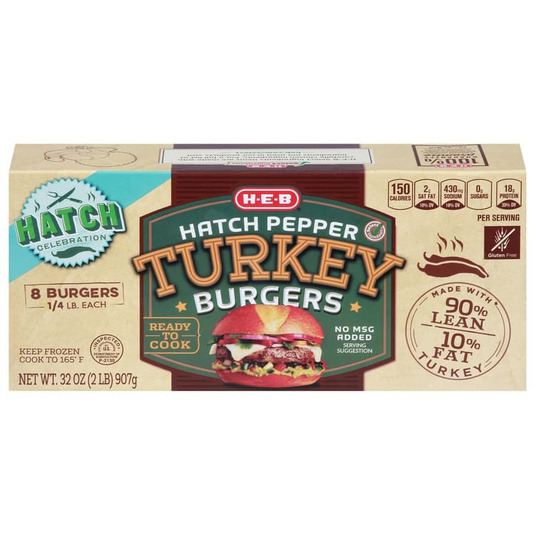 H-E-B  Hatch Chile Pepper Turkey Burger Patties, 90% Lean