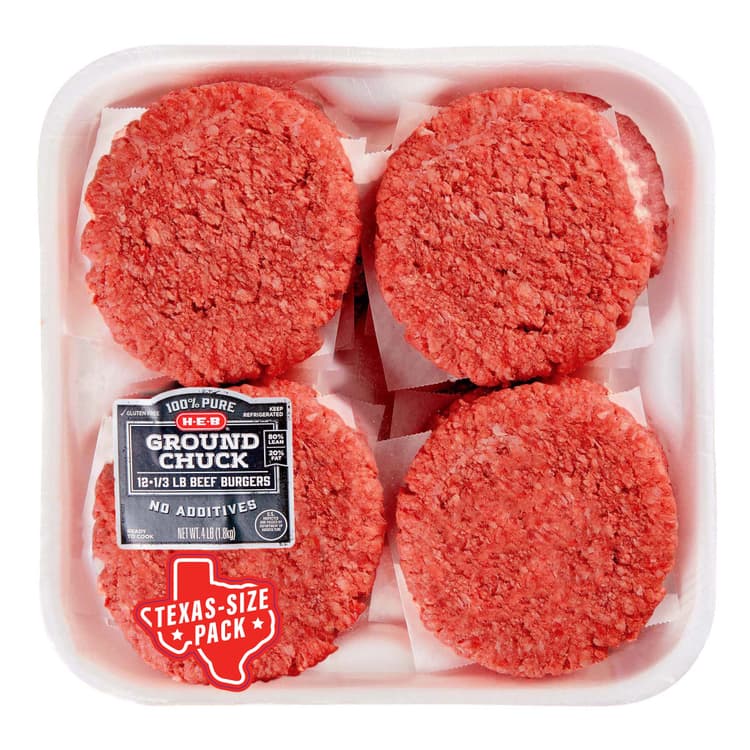 H-E-B Ground Beef Chuck B Burgers Patties, 80% Lean - Texas-Size