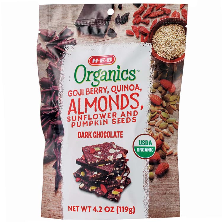 H-E-B Organics Gogi Berry, Quinoa, Almonds, Sunflower & Pumpkin Seeds In Dark Chocolate