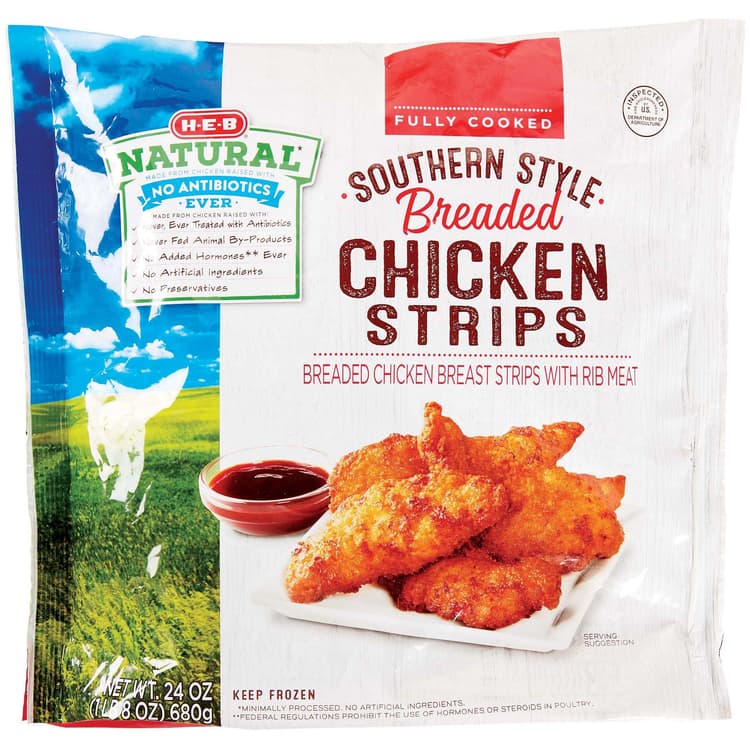 H-E-B Natural Fully Cooked  Southern Style Breaded Chicken Strips