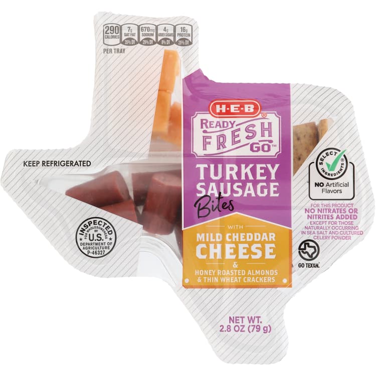 H-E-B Ready, Fresh, Go! Snack Tray - Turkey Sausage Bites & Mild Cheddar