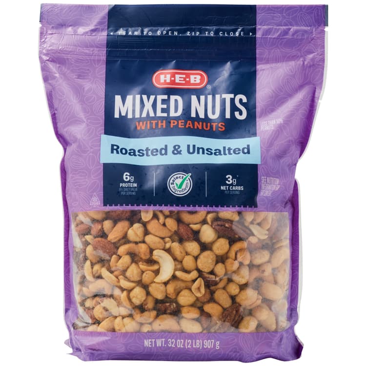 H-E-B Unsalted Roasted Mixed Nuts With Peanuts