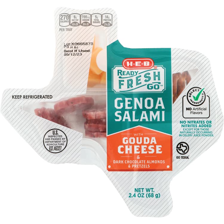 H-E-B Select Ingredients Ready Fresh Go Genoa Salami With Gouda Cheese & Dark Chocolate Almonds & Pretzels