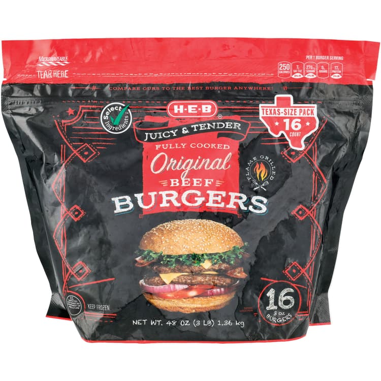 H-E-B Fully Cooked  Original Beef Burgers - Texas-Size