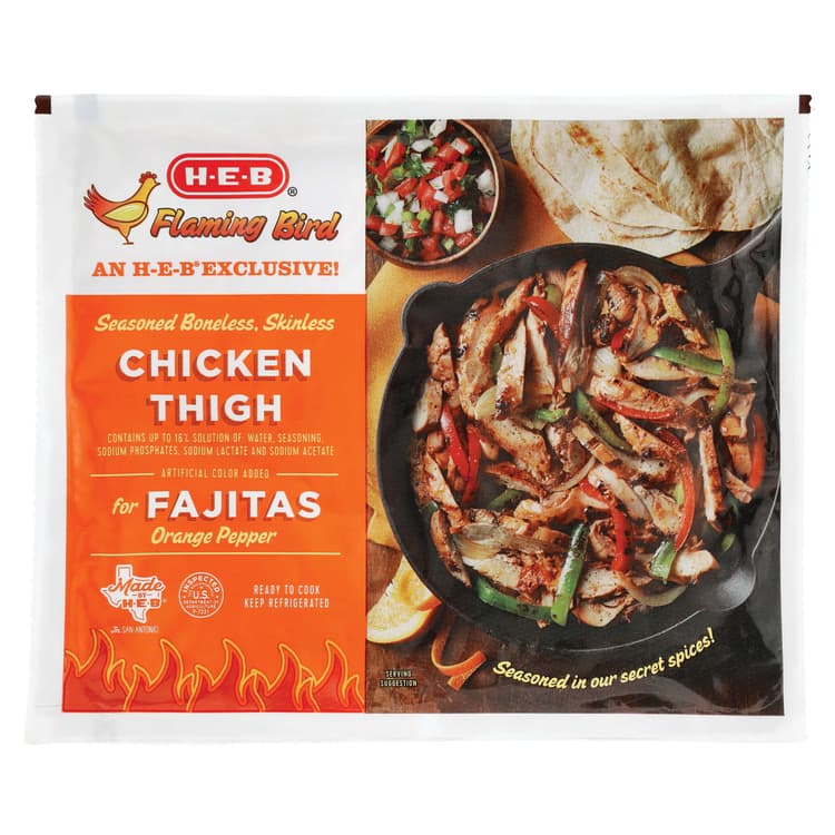 H-E-B Flaming Bird Seasoned Chicken Thighs For Fajitas - Orange Pepper