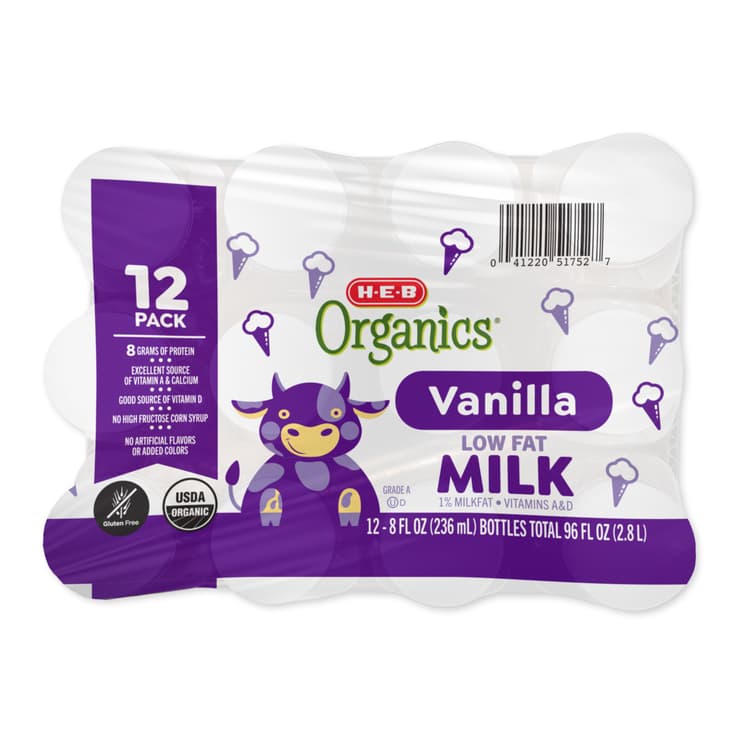 H-E-B Organics 1% Low Fat Vanilla Milk Bottles