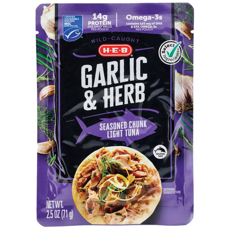 H-E-B Seasoned Wild Caught Chunk Light Tuna Pouch - Garlic & Herb