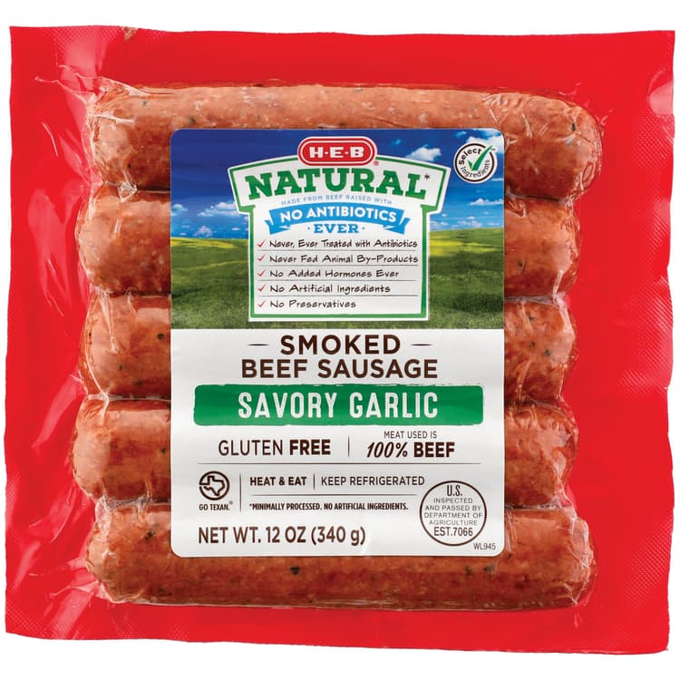 H-E-B Natural Smoked Beef Sausage Links - Savory Garlic