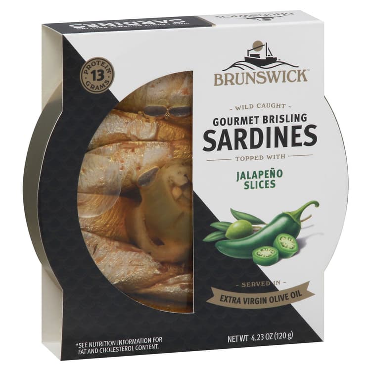 Brunswick Gourmet Brisling Sardines In Extra Virgin Olive Oil Topped With Jalapeno