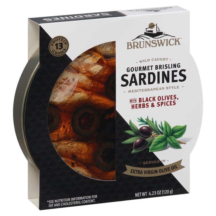 Brunswick Gourmet Brisling Sardines In Extra Virgin Olive Oil With Black Olives, Herbs & Spices