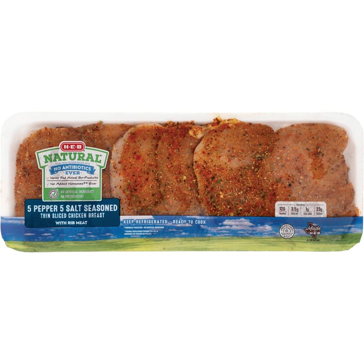 H-E-B Natural Seasoned 5-Pepper & 5-Salt Thin Sliced Chicken Breast