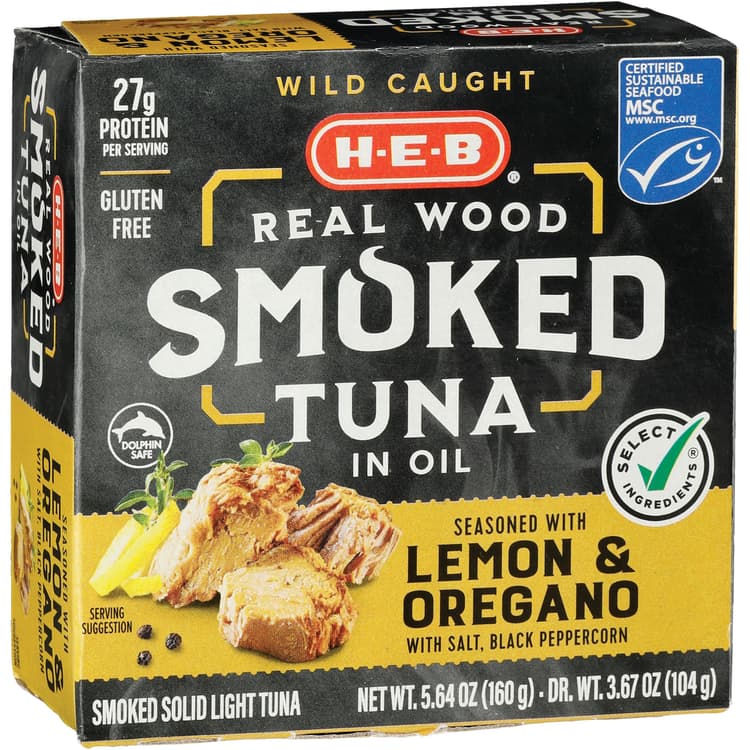 H-E-B Wild Caught Real Wood Smoked Light Tuna In Oil - Lemon & Oregano