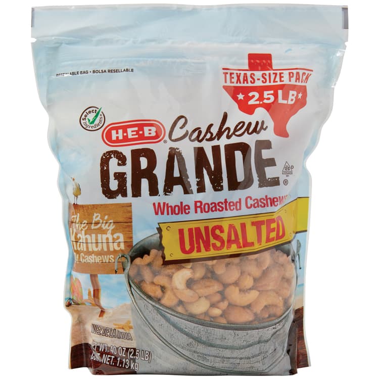 H-E-B Cashew Grande Unsalted Roasted Whole Cashews - Texas-Size