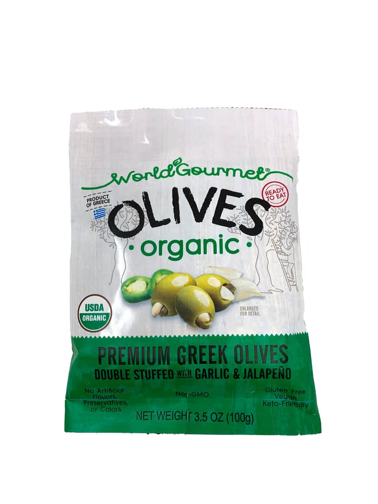 World Gourmet Organic Green Olives Double Stuffed Garlic & Jalapeno