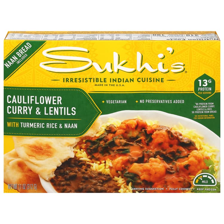 Sukhi'S Cauliflower Curry & Lentils With Turmeric Rice & Naan