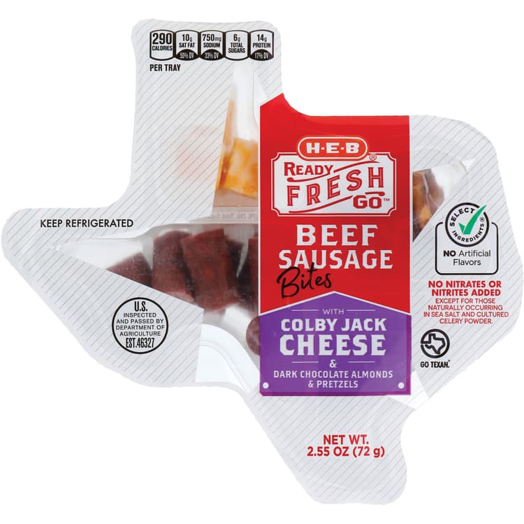 H-E-B Ready, Fresh, Go! Snack Tray - Beef Sausage Bites, Colby Jack, Dark Chocolate Almonds & Pretzels