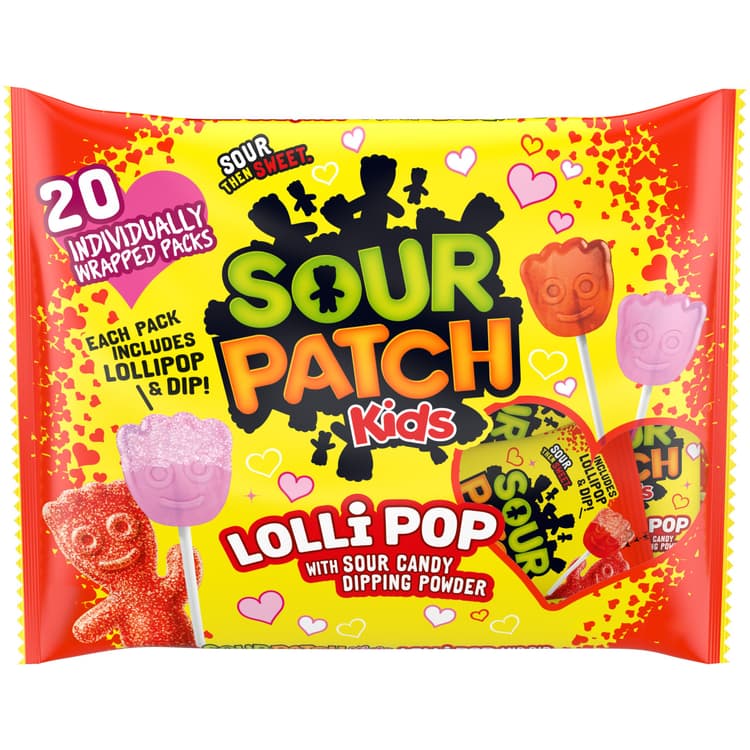 Sour Patch Kids Lollipop With Sour Candy Dipping Powder Valentines Day Candy, 20 Lollipops