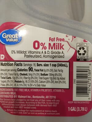 Great Value Milk Fat Free Gallon Plastic Jug