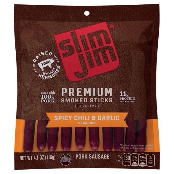 Slim Jim Smoked Sticks, Premium, Spicy Chili & Garlic, Seasoned