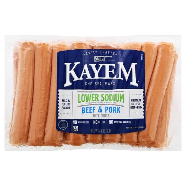 Kayem Hot Dogs, Lower Sodium, Beef & Pork