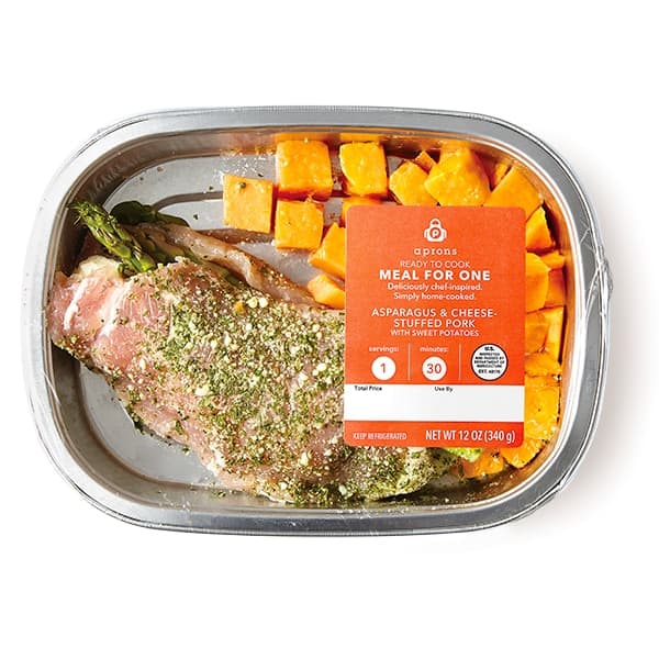 Aprons Asparagus & Cheese Stuffed Pork With, Sweet Potatoes Meal