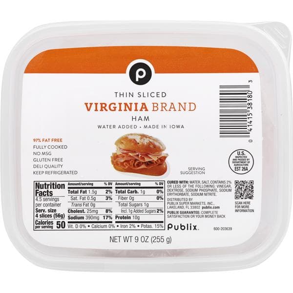 Publix Sliced Virgina Ham, Water-Added
