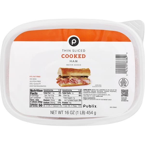 Publix Sliced Cooked Ham, Water-Added