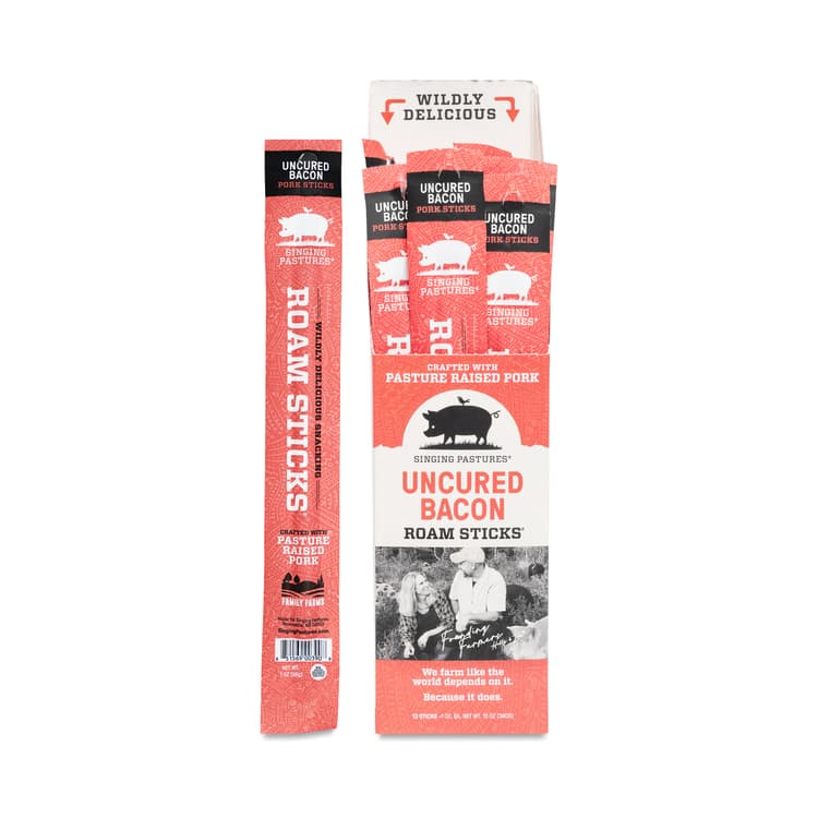 Singing Pastures Roam Sticks, Pasture-Raised Pork Sticks, Uncured Bacon