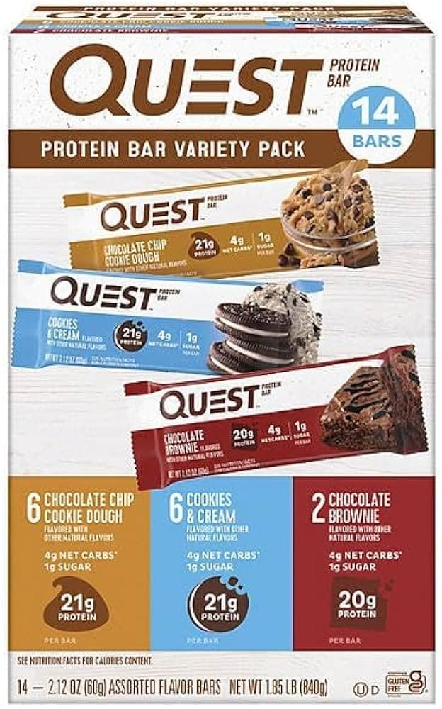 Quest Protein Bar Variety Pack 14 Bars (Chocolate Chip Cookie Dough, Cookies & Cream, And Chocolate Brownie