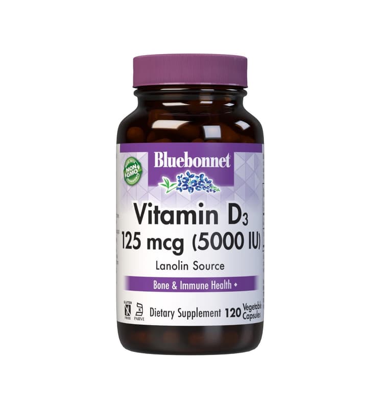 Bluebonnet Vitamin D3 125 Mcg (5000 Iu) Lanolin Source 120 Vegetable Capsules