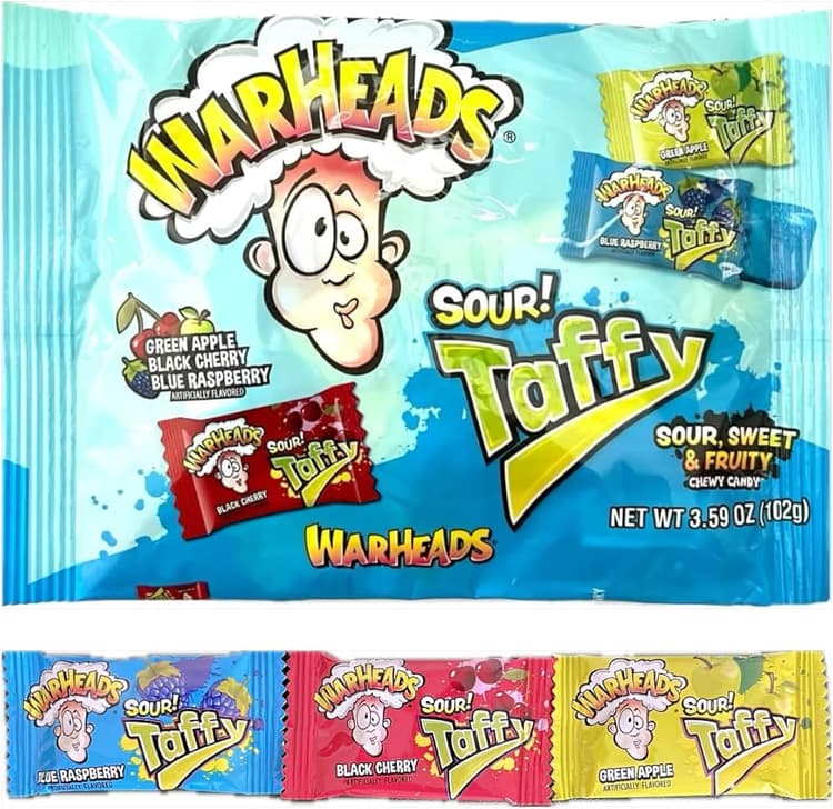Warheads Sour! Taffy Green Apple, Black Cherry And Blue Raspberry Flavor