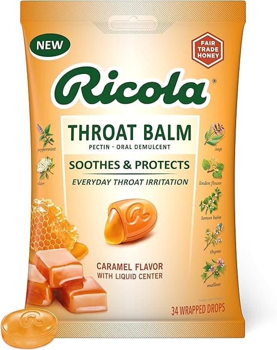 Ricola Throat Balm Caramel Flavor With Liquid Center Drops