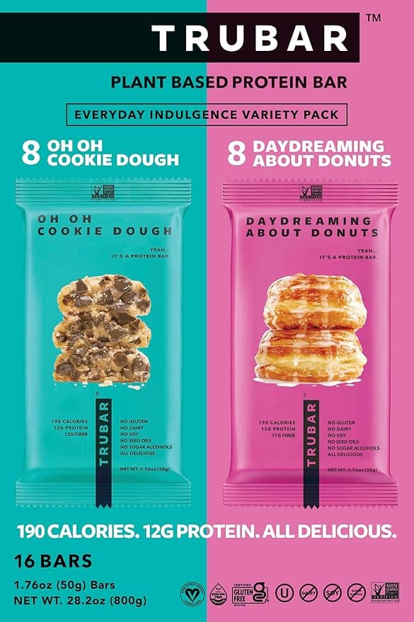 Is it Soy Free? Trubar Plant Based Protein Bar Everyday Indulgence Variety Pack 8 Oh Oh Cookie Dough 8 Daydreaming About Donuts