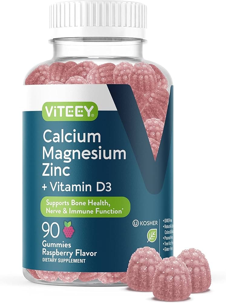 Viteey Calcium Magnesium Zinc + Vitamin D3 Raspberry Flavor 90 Gummies