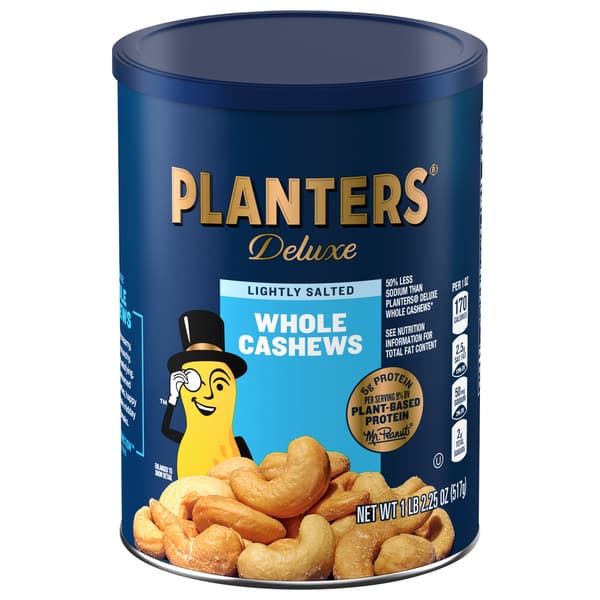 Planters Deluxe Whole Cashews Snack Nuts Can Lightly Salted