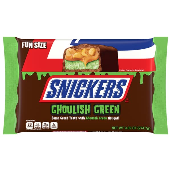 Snickers Ghoulish Green Fun Size Chocolate Halloween Candy Bars Bag