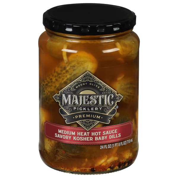Majestic Picklery Medium Heat Hot Sauce Savory Kosher Baby Dills