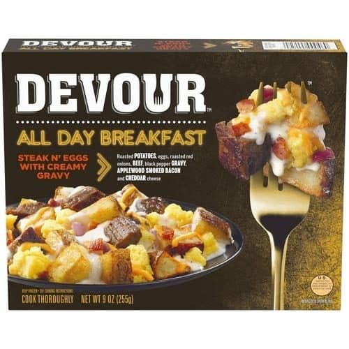 Devour Steak N Eggs With Smoked Bacon Potatoes Cheddar Cheese & Gravy  Meal
