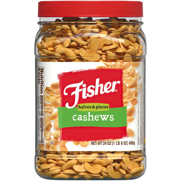 Fisher Halves & Pieces Cashews. Container