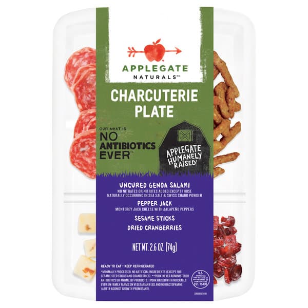 Applegate Naturals Charcuterie Plate Genoa Salami, Pepper Jack, Sesame Sticks & Dried Cranberries. Tray