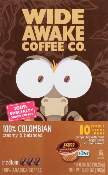 Wide Awake Medium Roast 100% Colombian 100% Arabica Coffee Single Serve