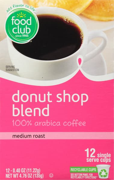 Food Club Medium Roast Donut Shop Blend 100% Arabica Coffee Single Serve