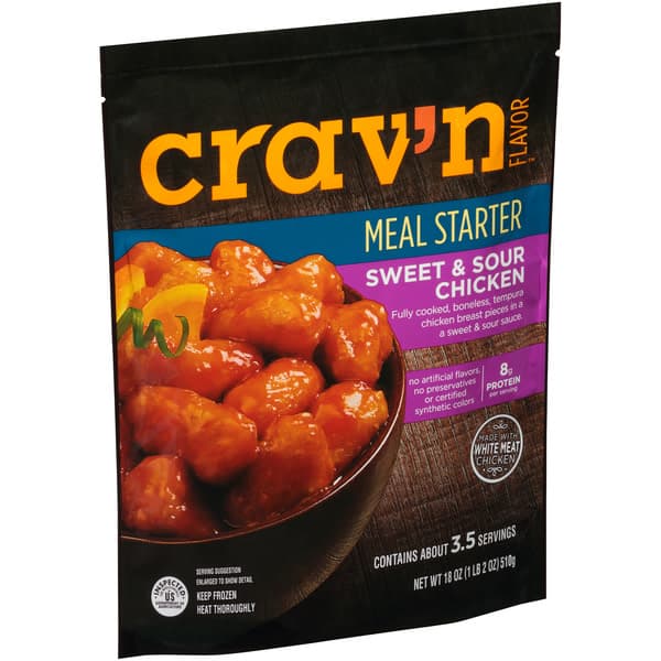 Crav'N Flavor, Sweet & Sour Chicken Fully Cooked, Boneless, Tempura Chicken Breast Pieces In A Sweet & Sour Sauce Meal Starter