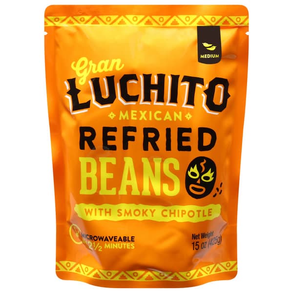 Gran Luchito Mexican Chipotle Refried Beans, Pouch. All Natural & Vegan